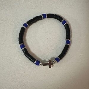 Black and Blue Clay Beaded Bracelet with Cross Charm
